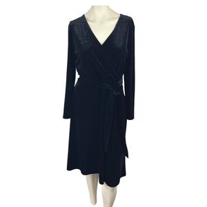 Black Velvet Wrap Midi Dress Long Sleeve V-Neck Formal Party Cocktail Gothic 12P